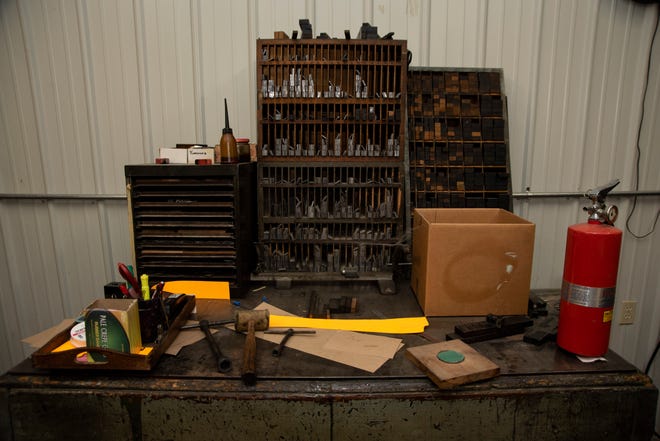 Metal type and tools for the 1800's-era printing press shown on Tuesday, March 30, 2021. The press was still in operation this year.