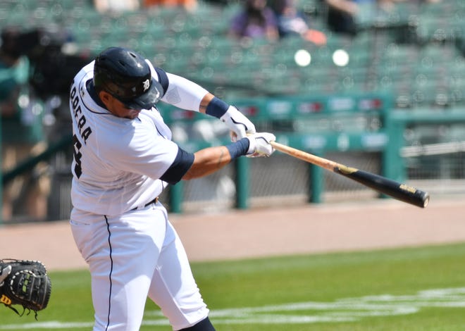 Tigers' Miguel Cabrera flies out in the first inning.
