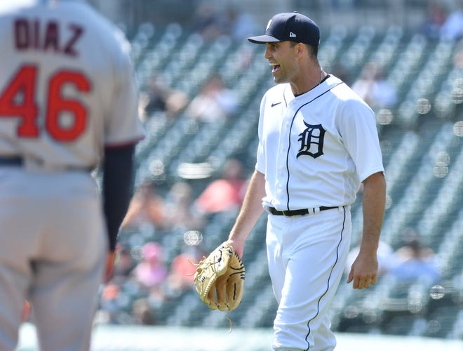 Tigers pitcher Matthew Boyd reacts after thinking they had a double play to get out of the sixth inning. The play was reviewed and the runner was ruled safe at first base.