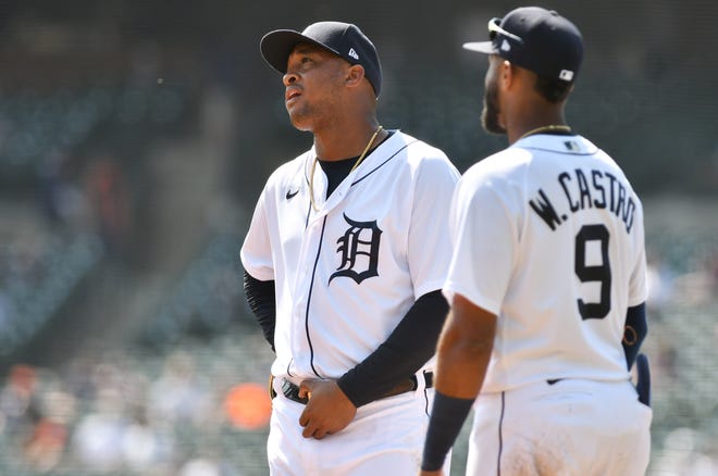 From left, Tigers second baseman Jonathan Schoop and shortstop Willi Castro wait for the official review of a play in the sixth inning.
