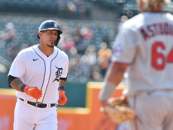 Tigers' Wilson Ramos rounds the bases on his solo home run in the fifth inning.