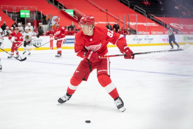 Detroit center Vladislav Namestnikov shoots the puck in the third period during a game between the Detroit Red Wings and the Chicago Blackhawks, at Little Caesars Arena, in Detroit, April 15, 2021.