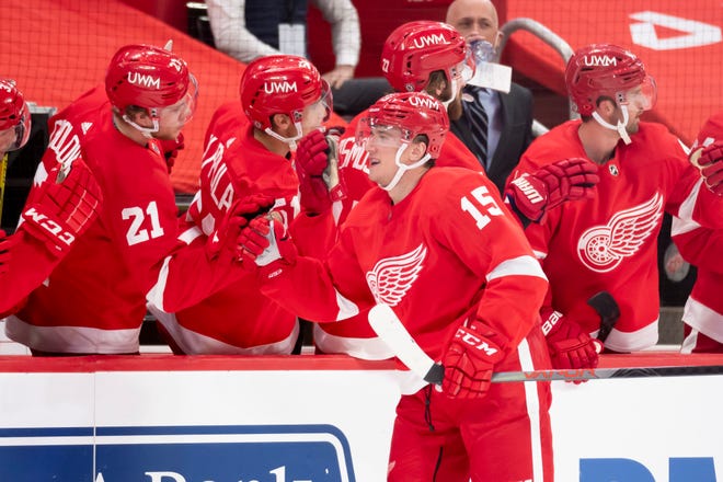 Detroit left wing Jakub Vrana celebrate his first goal as a Red Wing in the second period during a game between the Detroit Red Wings and the Chicago Blackhawks, at Little Caesars Arena, in Detroit, April 15, 2021.
