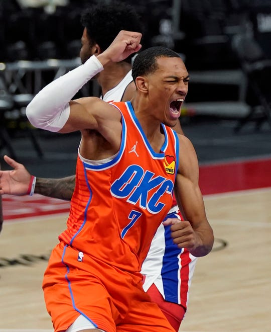Oklahoma City Thunder forward Darius Bazley reacts after a dunk during the first half.