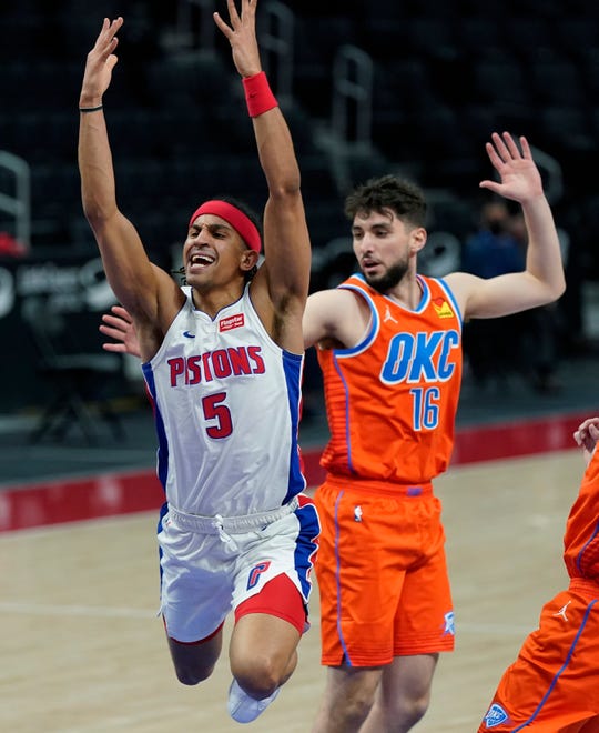 Oklahoma City Thunder guard Ty Jerome strips the ball away from Detroit Pistons guard Frank Jackson (5) during the second half.