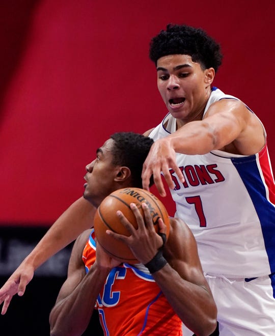 Killian Hayes (7) was one of three Pistons first-round draft picks who started Friday's game against the Oklahoma City Thunder.