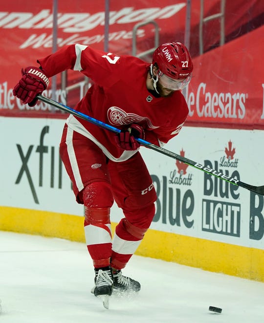 Detroit Red Wings center Michael Rasmussen skates during the second period of an NHL hockey game against the Chicago Blackhawks, Saturday, April 17, 2021, in Detroit.