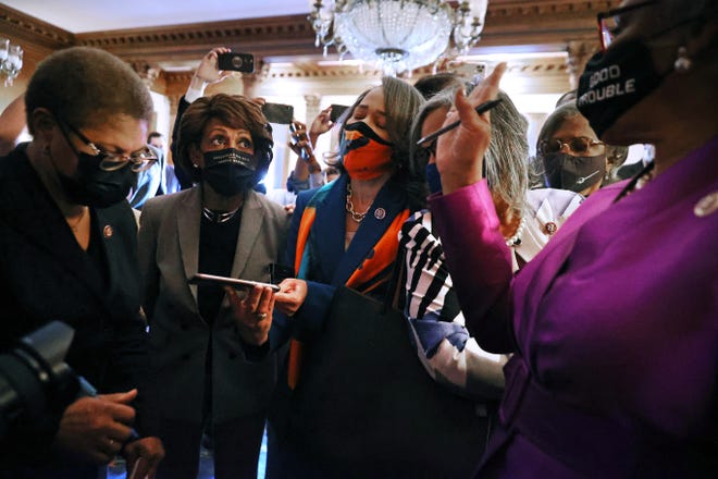 Members of the Congressional Black Caucus, including (L-R) Rep. Karen Bass (D-CA), Rep. Maxine Waters (D-CA), Rep. Lisa Blunt Rochester (D-DE), and caucus chair Rep. Joyce Beatty (D-OH) (R) react to the verdict in the Derick Chauvin murder trial in the Rayburn Room at the U.S. Capitol on April 20, 2021 in Washington, DC. Chauvin was found guilty on all three charges in the murder of George Floyd.