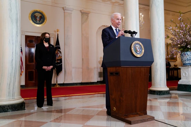 President Joe Biden, accompanied by Vice President Kamala Harris, speaks Tuesday, April 20, 2021, at the White House in Washington, after former Minneapolis police Officer Derek Chauvin was convicted of murder and manslaughter in the death of George Floyd.