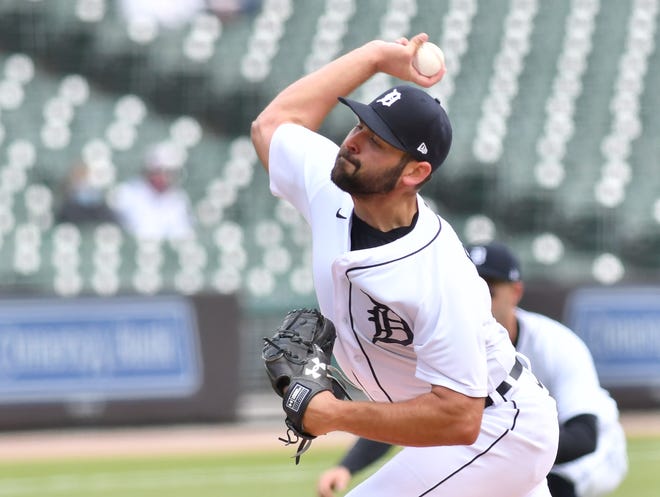 Tigers starting pitcher Michael Fulmer works in the first inning during a game against the Pittsburgh Pirates on Wednesday, April 21, 2021, at Comerica Park in Detroit.