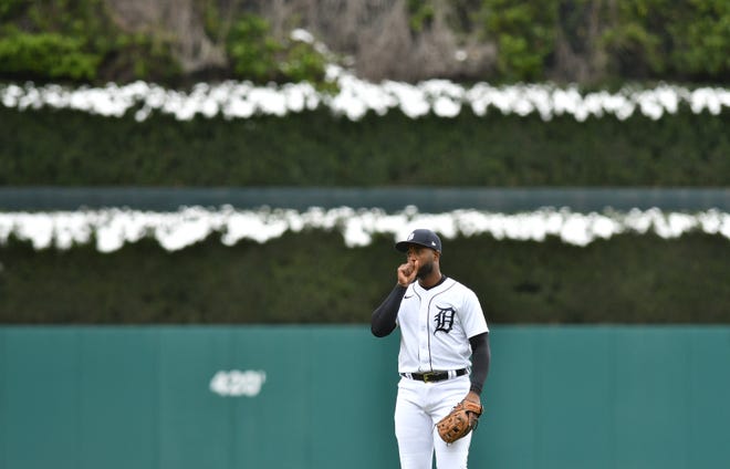 Tigers shortstop Niko Goodrum tries to warm his hand in the fourth inning as snow tops the shrubs in center field.