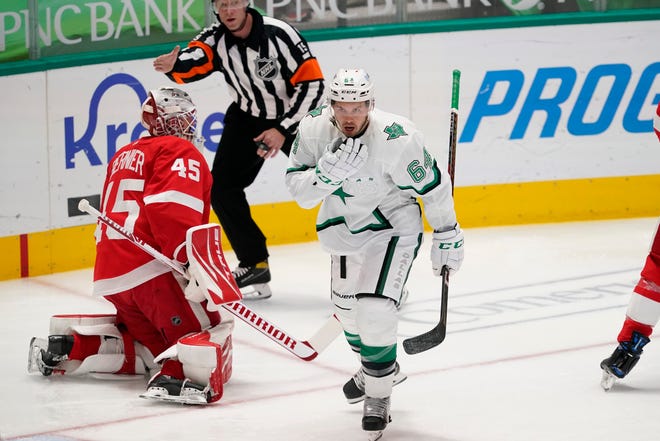 Detroit Red Wings goaltender Jonathan Bernier (45) sits by the net after Dallas Stars center Tanner Kero (64) scored a goal in the first period of an NHL hockey game in Dallas, Tuesday, April 20, 2021.
