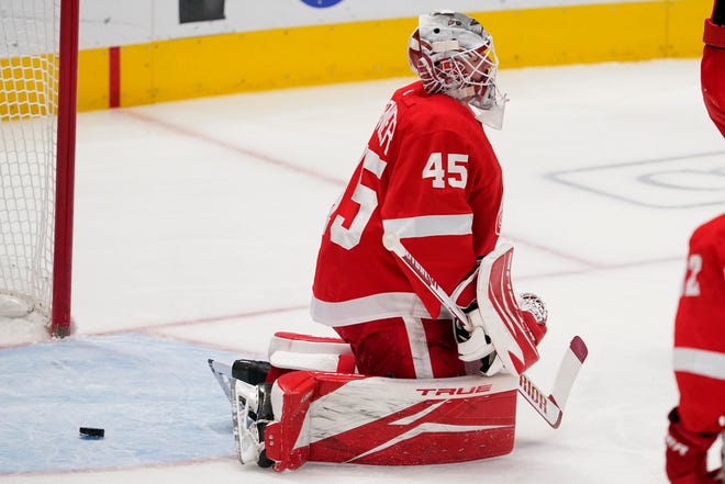 Detroit Red Wings goaltender Jonathan Bernier (45) sits by the net after being scored on by Dallas Stars left wing Jason Robertson in the first period of an NHL hockey game in Dallas, Tuesday, April 20, 2021.