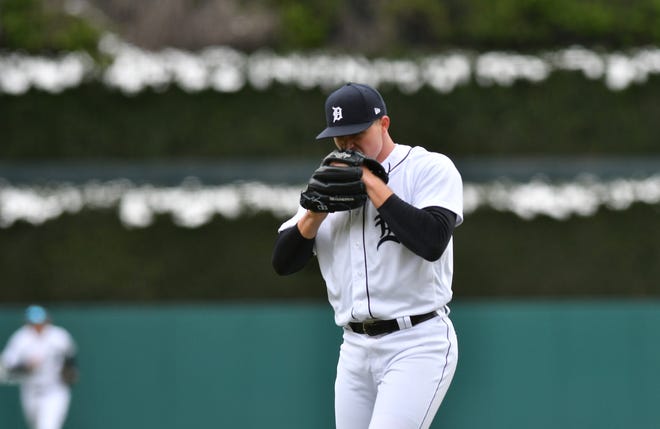 Tigers pitcher Tarik Skubal walks to the dugout in the seventh inning after pitching three innings.