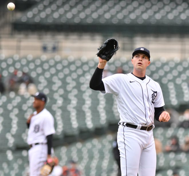 Tigers pitcher Tarik Skubal waits for a return ball in the fifth inning.