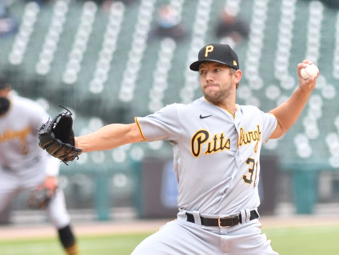 Pirates pitcher Tyler Anderson works in the first inning.
