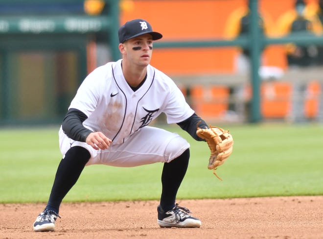 Tigers infielder Zack Short makes his major-league debut at third base, seen here in the fourth inning of Wednesday's first game game at Comerica Park.