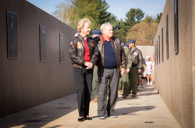Jack Nicklaus and wife Barbara walk through the memorial at American Dunes Golf Club in Grand Haven. The course, which was renovated by Jack Nicklaus for free and designates all profits to Folds of Honor, officially opened to the public Monday, May 3, 2021.