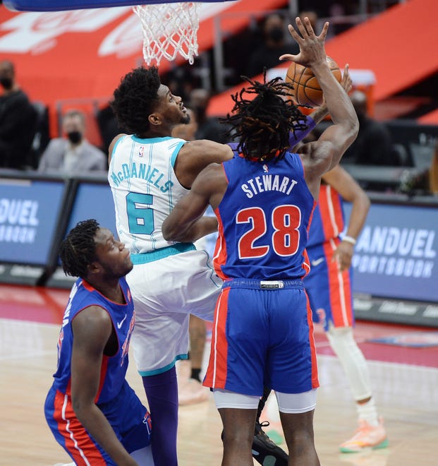 Charlotte Hornets' Jalen McDaniels scores over Detroit Pistons' Isaiah Stewart in the first quarter of their game at Little Caesars Arena in Detroit, May 4, 2021.