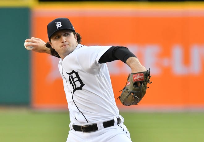 Tigers pitcher Casey Mize works in the first inning of a game against the Kansas City Royals at Comerica Park in Detroit on May 12, 2021.