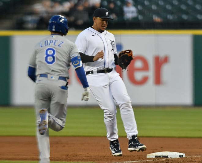 Tigers first baseman Miguel Cabrera gets the out unassisted on Royals' Nicky Lopez in the fifth inning.