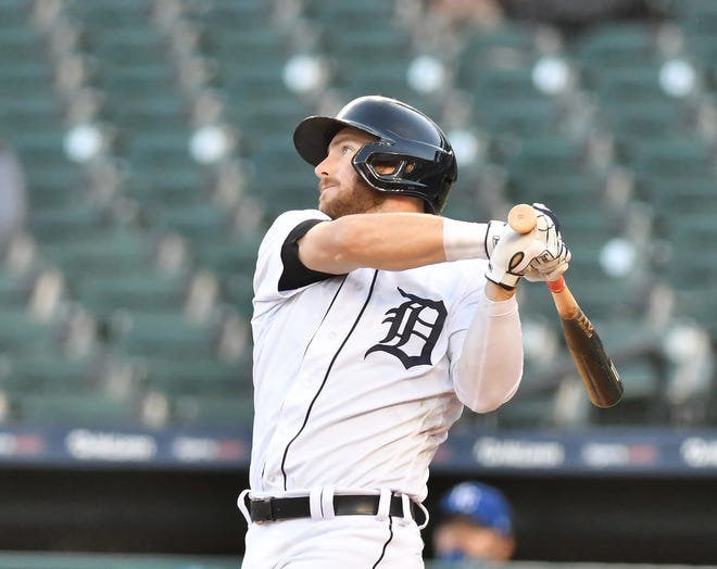 Tigers' Robbie Grossman flies out in the third inning.