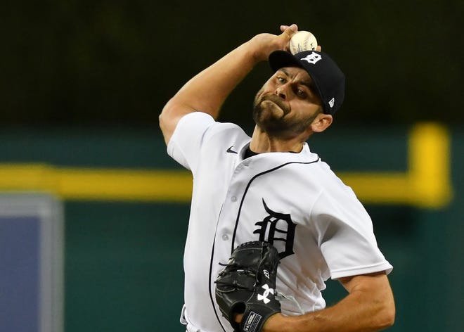 Tigers pitcher Michael Fulmer works in the eighth inning.  Detroit Tigers vs Kansas City Royals at Comerica Park in Detroit on May 12, 2021.  Tigers win, 4-2.
(Robin Buckson / The Detroit News)