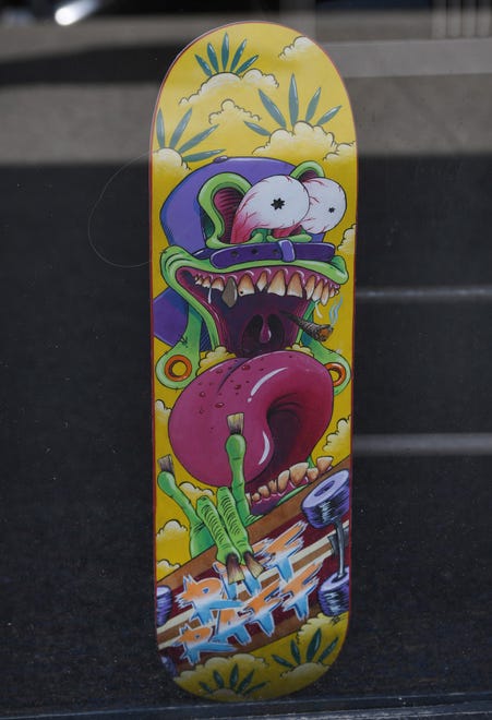 Deck Art 2021 adult category entry "Skate Fink" by Rebecca Ross of Troy.