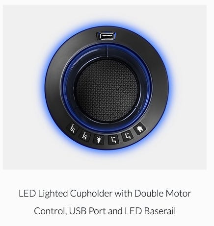 Some of the latest seating comes with fun components like this lighted cup holder that includes a USB port and other controls for added convenience.