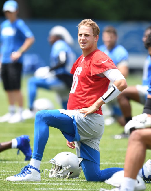 Lions quarterback Jared Goff stretches out at the start of practice.