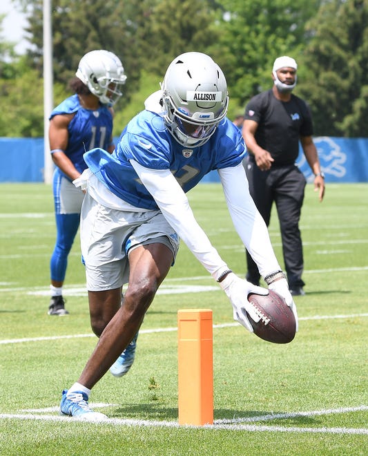 Detroit Lions wide receiver Geronimo Allison reaches for the pylon after a reception during drills.