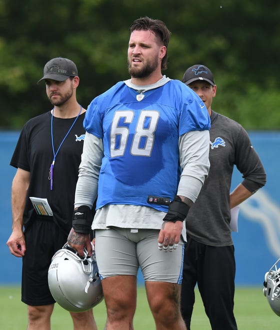 Detroit Lions tackle Taylor Decker during a break in the action.