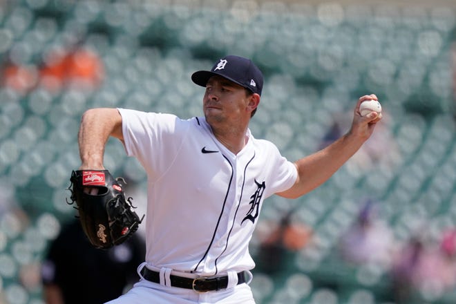 Detroit Tigers starting pitcher Tyler Alexander throws during the first inning.