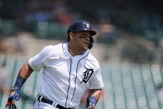 Detroit Tigers designated hitter Miguel Cabrera runs to second for a double during the first inning.