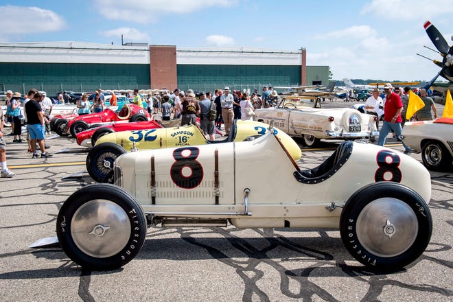 A 1925 Miller Straight Eight #8 is pictured during Detroit’s Invitational Wings and Wheels classic car and aircraft show at Willow Run Airport in Ypsilanti, Michigan, on June 13, 2021. (Nic Antaya, Special to The Detroit News)
