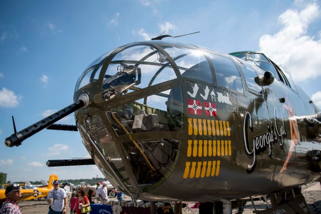 A North American B-25J Mitchell Bomber is pictured during Detroit’s Invitational Wings and Wheels classic car and aircraft show at Willow Run Airport in Ypsilanti, Michigan, on June 13, 2021. (Nic Antaya, Special to The Detroit News)