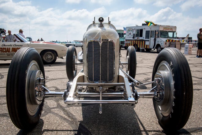 A 1925 Miller Straight Eight #8 is pictured during Detroit’s Invitational Wings and Wheels classic car and aircraft show at Willow Run Airport in Ypsilanti, Mich. on June 13, 2021.