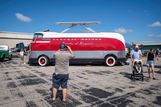 A 1940 GMC Futurliner is pictured during Detroit’s Invitational Wings and Wheels classic car and aircraft show at Willow Run Airport in Ypsilanti, Mich. on June 13, 2021.