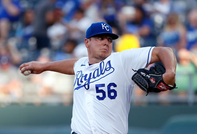 Kansas City Royals starting pitcher Brad Keller pitches during the 1st inning of their game against the Detroit Tigers at Kauffman Stadium on June 14, 2021 in Kansas City, Missouri.
