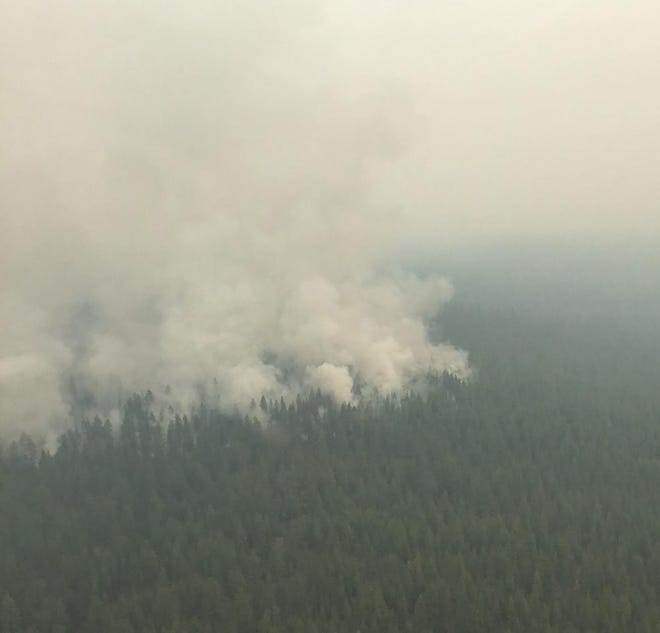 BLY, OREGON - JULY 14: In this handout provided by the USDA Forest Service, an aerial view shows the Bootleg Fire burning on July 14, 2021 in Bly, Oregon. The Bootleg Fire has has spread over 212,377 acres, making it the largest among the dozens of blazes burning in the western U.S. fueled by record temperatures and drought.