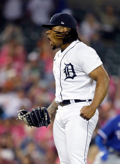 Tigers relief pitcher Gregory Soto reacts after making the final out in the ninth inning of a 4-2 win over the Texas Rangers at Comerica Park on July 21, 2021, in Detroit.