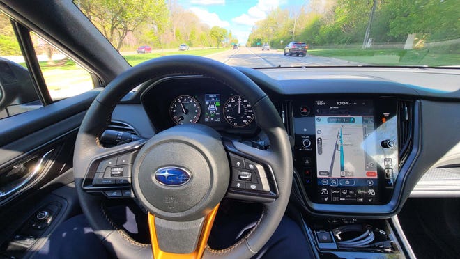 Like the standard Outback, the 2022 Subaru Outback Wilderness features a big center touchscreen. You'll know the Wilderness by its gold steering wheel shaft.