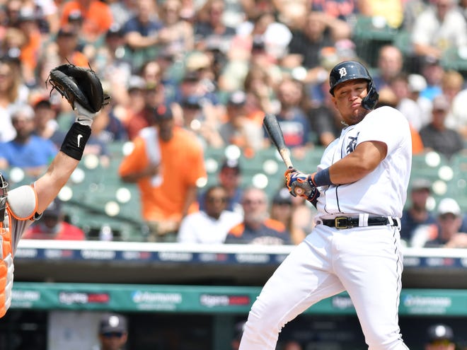 Tigers designated hitter Miguel Cabrera leans away from ball one in the first inning.