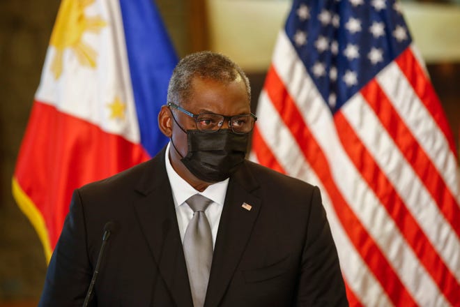 United States Defense Secretary Lloyd Austin holds a press conference with Philippines Defense Secretary Delfin Lorenzana (not in photo) after a bilateral meeting at Camp Aguinaldo military camp in Quezon City, Metro Manila, Philippines Friday, July 30, 2021.