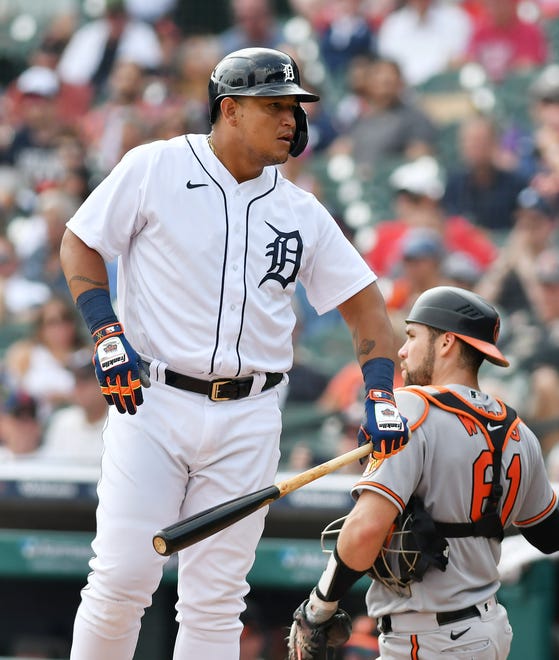 Tigers designated hitter Miguel Cabrera looks on during his at-bat in the seventh inning.