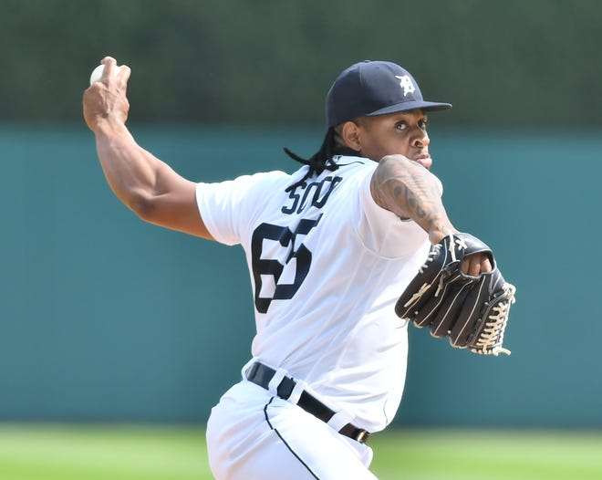 Tigers pitcher Gregory Soto works in the ninth inning.