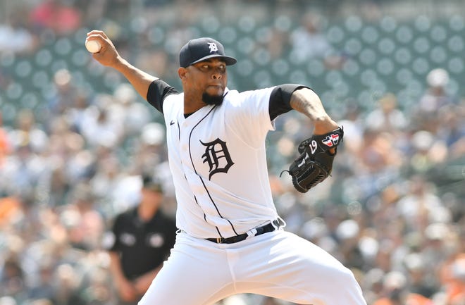 Tigers pitcher Jose Cisnero works in the seventh inning.