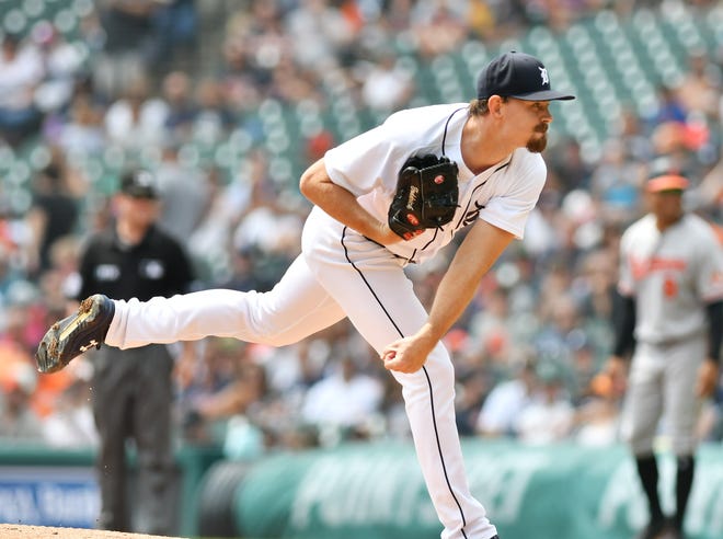 Tigers pitcher Tyler Alexander works in the first inning Sunday, Aug. 1, 2021, at Comerica Park in Detroit.