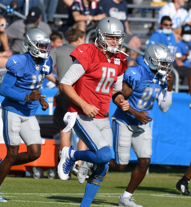 Lions quarterback Jared Goff works during running drills.