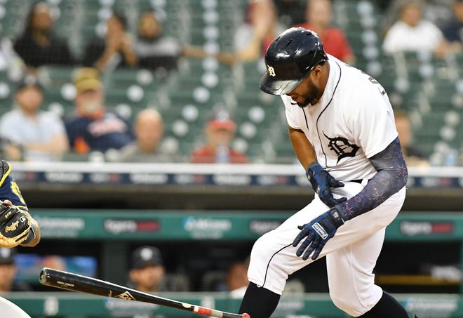 Tigers’ Jeimer Candelario is hit by a pitch in the second